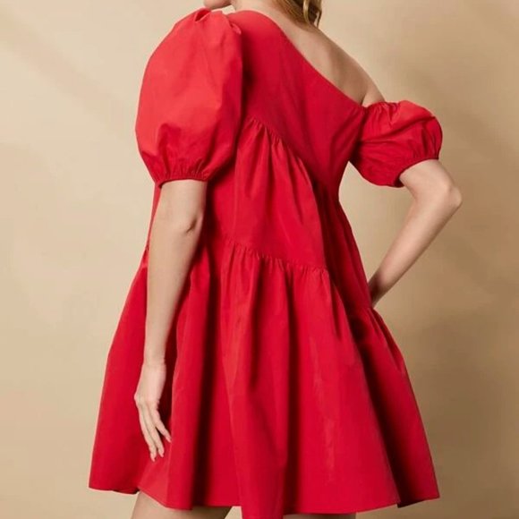 Red Puff Sleeve Ruffle Hem Asymmetrical Neck Smock Dress - Picture 6 of 8